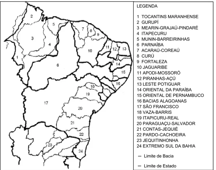 Figura 02 – Bacias hidrográficas do Nordeste. (Fonte: ÁRIDAS, 1994). 