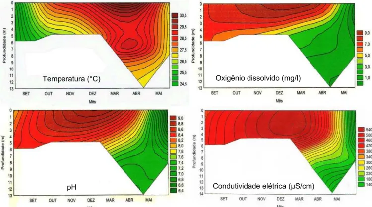 Figura 10 – Isolinhas profundidade-tempo, de temperatura (°C), oxigênio dissolvido  (mg/l), pH e condutividade elétrica (µS/cm) no período de setembro de 2007 a maio  de 2008 no ponto de coleta 04