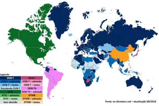 Figura 2.2: Mapa da implantação de padrões digitais de broadcast.