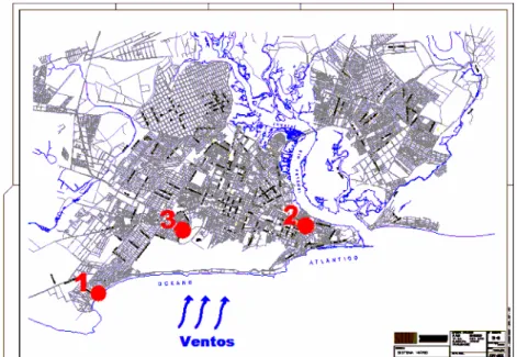 FIGURA 15: Mapa da cidade de Natal  com indicação dos pontos de coleta e da direção dos ventos dominantes.