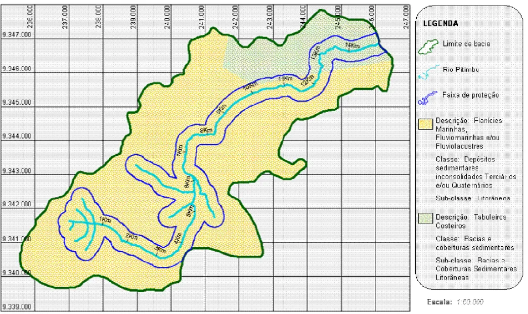 Figura 4.04 – Mapa Geo-morfológico do trecho em estudo na bacia hidrográfica do rio Pitimbu