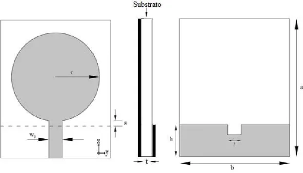 Figura 6.7. Antena monopolo de microfita com patch circular, a região cinza representa o material  condutor 