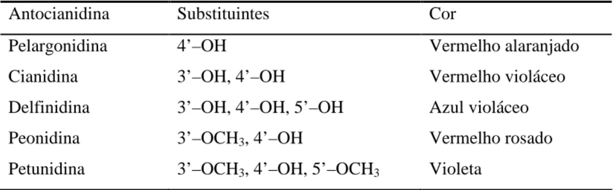 Tabela 3.2: Efeito dos substituintes do anel na cor das antocianidinas. 