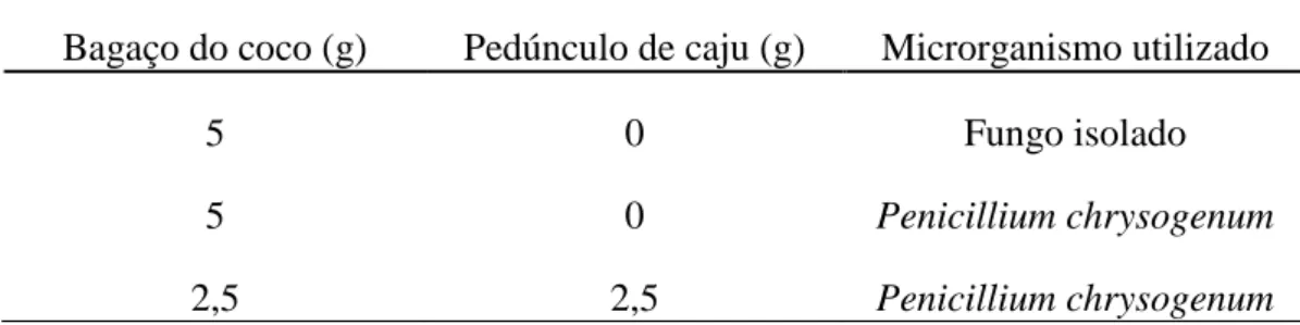 Tabela 3.6 - Proporção da matéria prima e microrganismo utilizado nas fermentações.  Bagaço do coco (g)  Pedúnculo de caju (g)  Microrganismo utilizado 