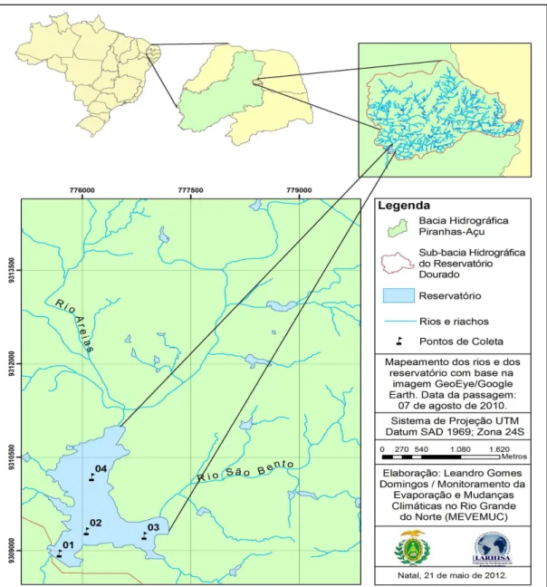 Figura  1:  Mapa  de  localização  da  sub-bacia  do  reservatório  Dourado,  Currais  Novos/RN,  com  destaque  para  os  principais  rios  afluentes  e  os  pontos  de  amostragem  de  água  no  reservatório
