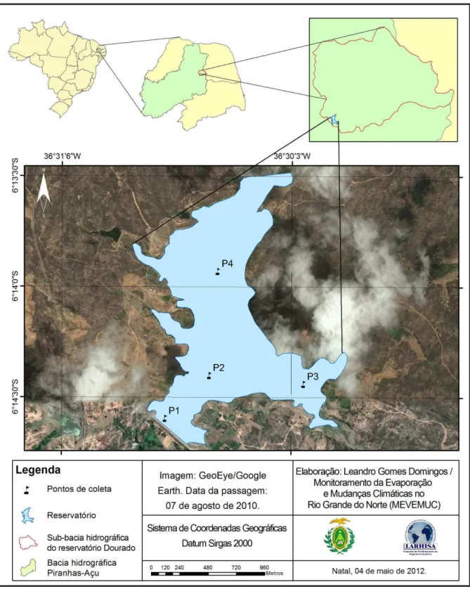Figura  8:  Mapa  de  localização  do  reservatório  Dourado,  Currais  Novos/RN,  com  destaque  para os pontos de amostragem