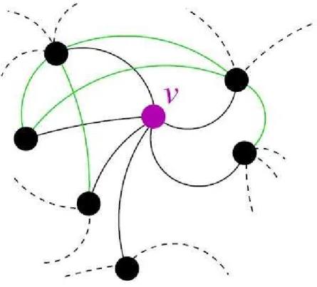 Figura 2.4: Figura de um n´ o ν e seus primeiros vizinhos, vemos que k ν = 6 resultando c ν = 1/3.