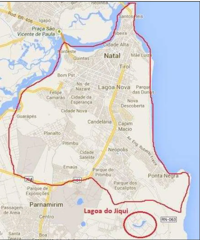 Figura 3.6 - Demarcação da área abastecida pela Lagoa do Jiqui  Fonte: Maps Google, 2013 