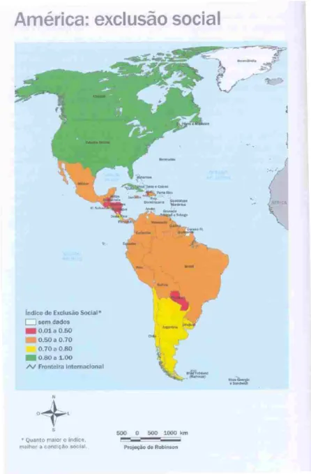 Figura  2.3.1.1.1.  -  Mapa  reproduzido  da  página  106  do  “Atlas  da  exclusão  social  –  volume 4 – A  exclusão no mundo”, organizado por Pochmman e Amorim, 2004