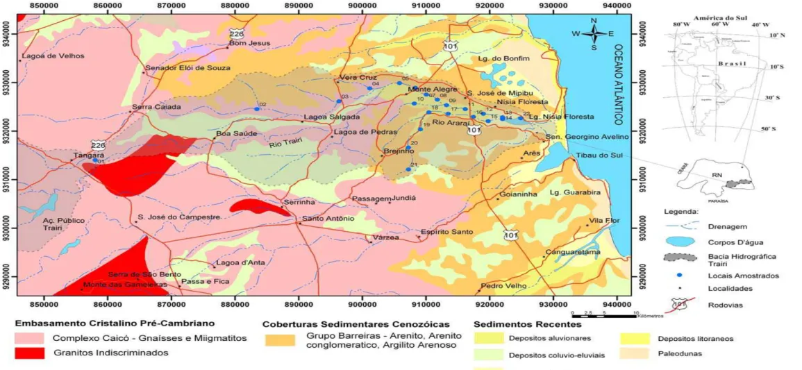 Figura 2.1 – Mapa Geológico Regional, mostrando a distribuição dos vários tipos litológicos inseridos dentro da área de estudo (Bacia do Rio Trairi) e a  posição geográfica dos pontos de amostragem