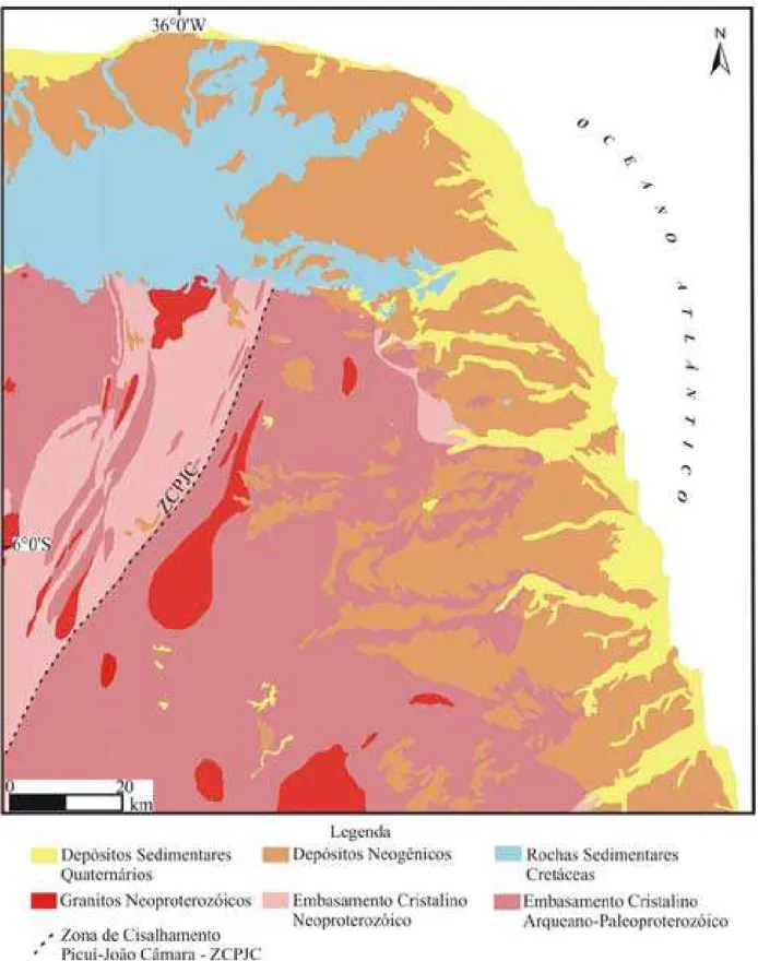 Figura 2.2. Mapa geológico da faixa leste da Bacia Potiguar (Angelim et al., 2006). 