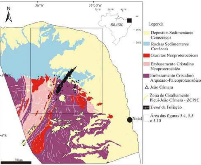 Figura 5.1. Mapa geológico da área, modificado de Angelim et al. (2006), com a distribuição de  epicentros registrados na região da Falha Samambaia