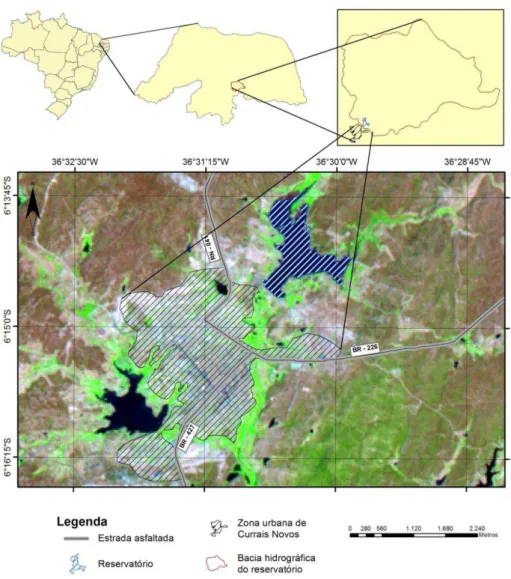 Figura  01:  Mapa  da  localização  da  bacia  hidrográfica  do  reservatório  Dourado  e  do  município  de  Currais Novos/RN