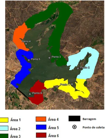 Figura 02: Áreas delimitadas pelo uso e ocupação do solo nas margens do reservatório Dourado,  Currais Novos  – RN, e os pontos de coleta de água