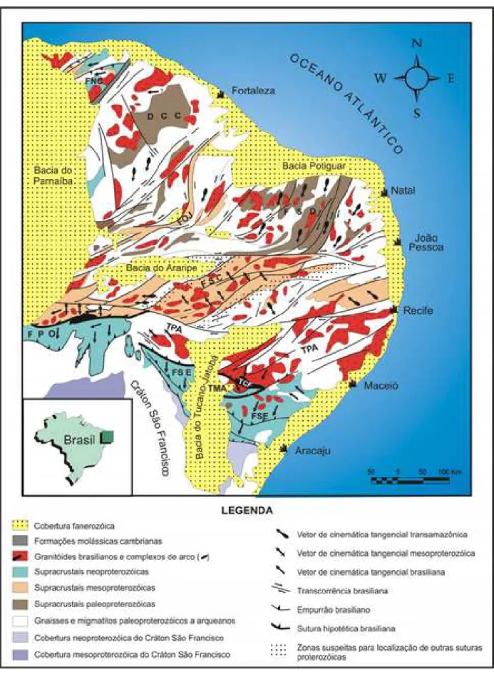 Figura 2.2: Esboço geológico/tectônico da Província Borborema, segundo Jardim de Sá et al