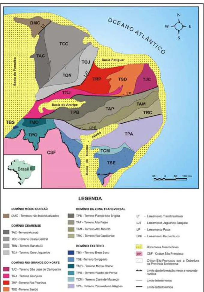 Figura 2.3: Separação da Província Borborema em domínios e terrenos tectono-estratigráficos,  segundo Santos &amp; Medeiros (1999) e Santos (2000)