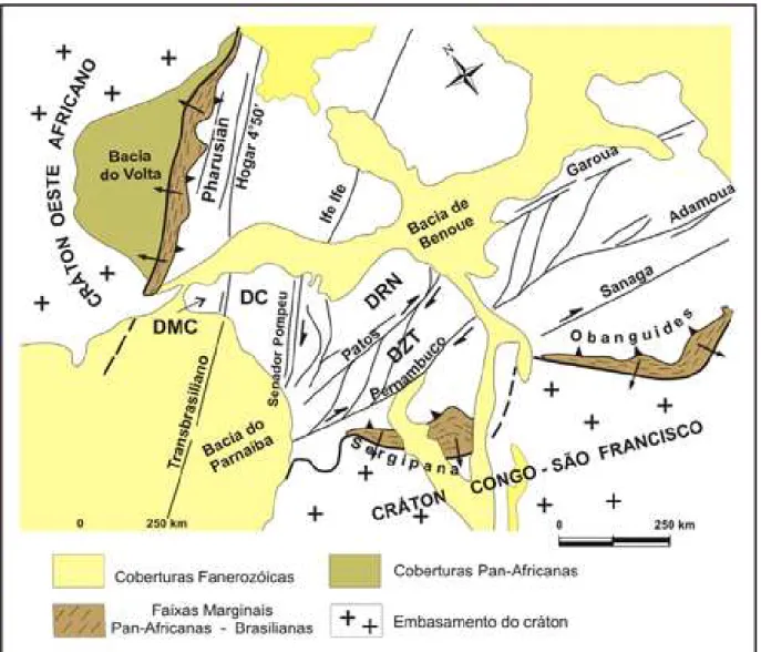 Figura 2.7: Esquema estrutural dos domínios geológicos do Nordeste do Brasil e do Oeste da  África
