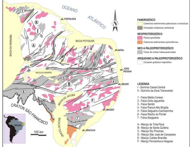 Figura 2.5 - Mapa geológico simplificado da Província Borborema onde estão exibidos  seus principais domínios  geotectônicos (Compilado de Jardim de Sá 1994)