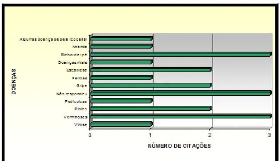 Gráfico 3 – Doenças citadas pelas professoras comuns entre alunos do Centro  Municipal de Educação Infantil de Natal/RN, 2010