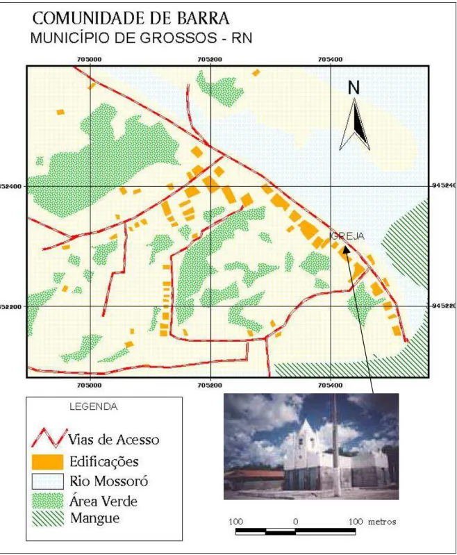 Figura 03: Mapa da comunidade litorânea de Barra e foto de sua Igreja – Grossos