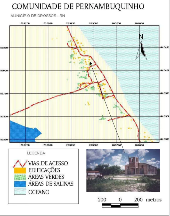 Figura 04: Mapa da comunidade litorânea de Pernambuquinho e foto do centro– Grossos 