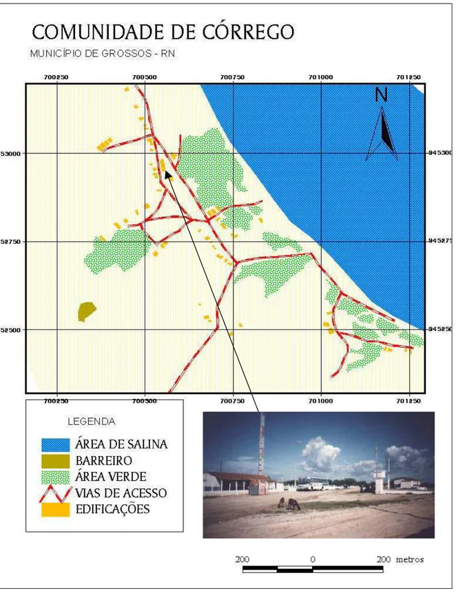 Figura 06: Mapa da comunidade rural de Córrego – Grossos e foto do centro da comunidade