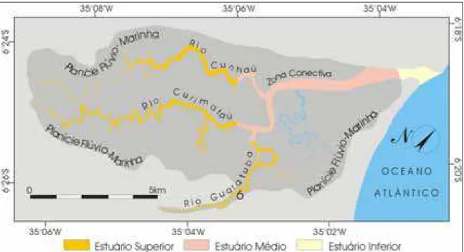 Figura 3.12 – Delimitação da calha do estuário Curimataú de acordo com a morfologia de fundo