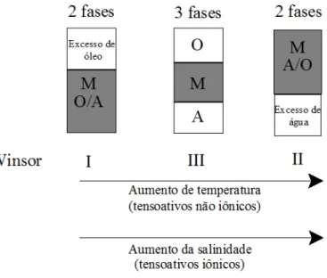 Figura 2.9. Transições de fases de Winsor pelo aumento da temperatura (tensoativos não iônicos) e da salinidade  (tensoativos iônicos)