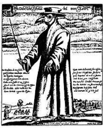 Figura 1.1: Pintura dando destaque ao “protector”, espécie de máscara usada pelos médicos do século XIV para se proteger de algo que eles não sabiam o quê.