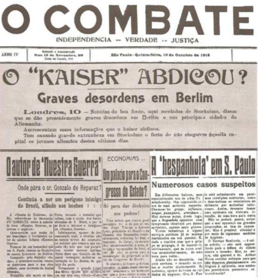 Figura 1.3: Matéria do jornal O COMBATE de 10 de Outubro de 1918 com o título: A “hespanhola” em S