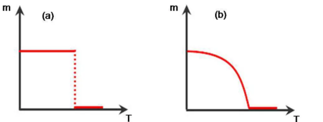 Figura 2.3: Tipos de transições de fase: (a) transição descontínua ou de primeira ordem; (b) transição contínua ou de segunda ordem