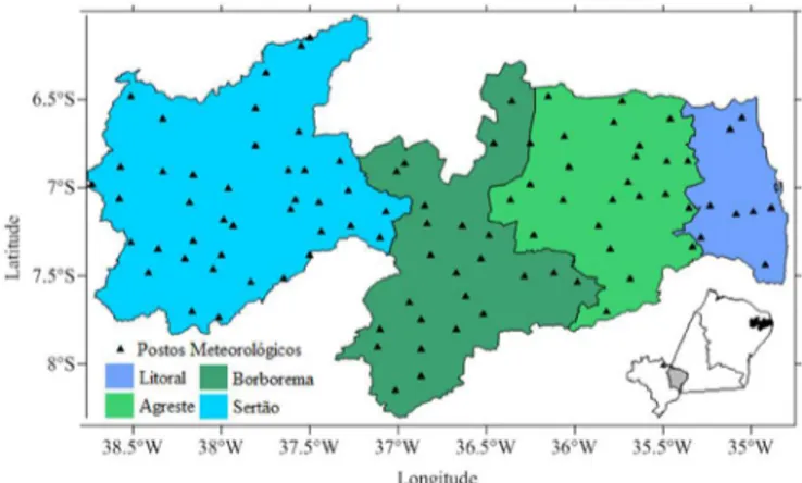 Figura 1.  Distribuição espacial dos postos meteoro- meteoro-lógicos do estado da Paraíba cujos dados foram  utilizados na elaboração do zoneamento agroclimático  da palma forrageira