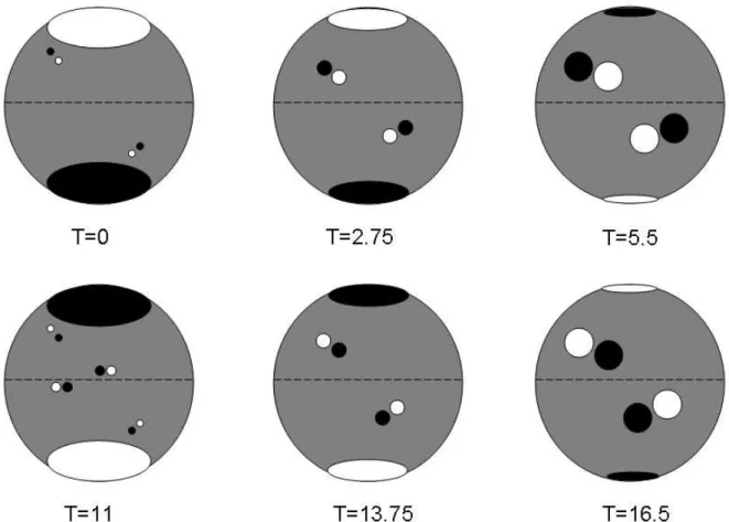 Figura 1.1: Regra de polaridade de Hale. Em T=0, (mínimo de manchas solares) os pontos de um novo ciclo aparecem em altas latitudes