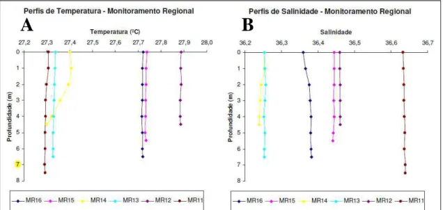 Figura  2.2:  Perfis  de  (A)  Temperatura  e  (B)  Salinidade  obtidos  durante  a  Campanha  Oceanográfica  de  Monitoramento Regional no ano de 2009
