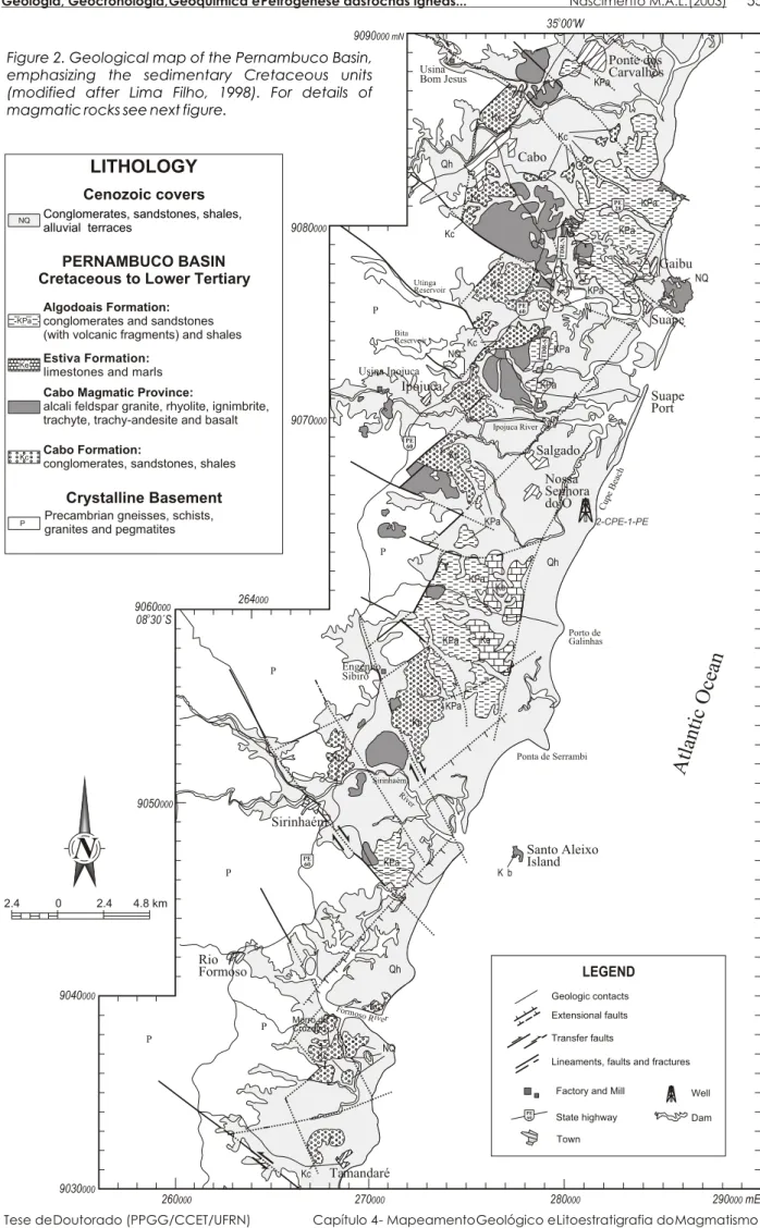 Figure 2. Geological map of the Pernambuco Basin,  emphasizing the sedimentary Cretaceous units  (modified after Lima Filho, 1998)