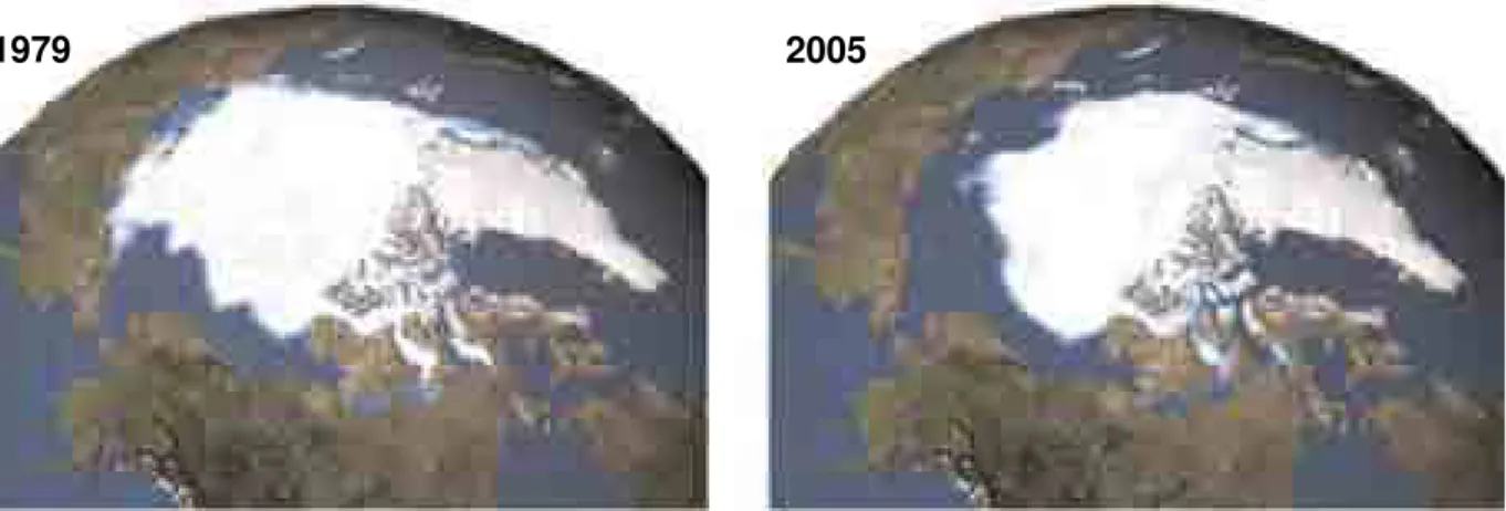 Figura 1 – Imagens de satélite em falsacor geradas pela National Aeronautics and Space Administration  (NASA), comparando o mar de gelo do Ártico em 1979 e 2005
