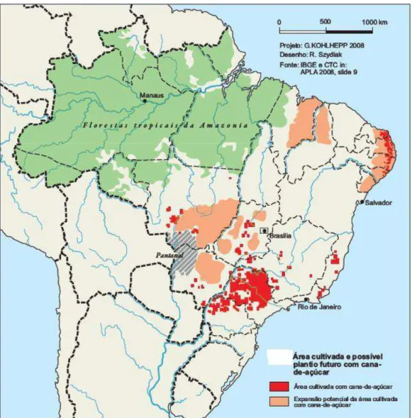 Figura 3 - Área cultivada e potencial para plantio futuro com cana-de-açúcar no Brasil (KOHLHEPP,  2010)