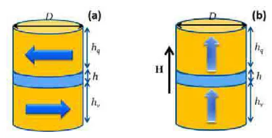 Figura 4.1: Figura esquem´atica de nanodiscos de mesmas altura e diˆametro, (a) no estado inicial sem a presen¸ca de campo magn´etico aplicado e (b) com campo de satura¸c˜ao aplicado ao longo do eixo z, separados por um espassador n˜ao-magn´etico de espess