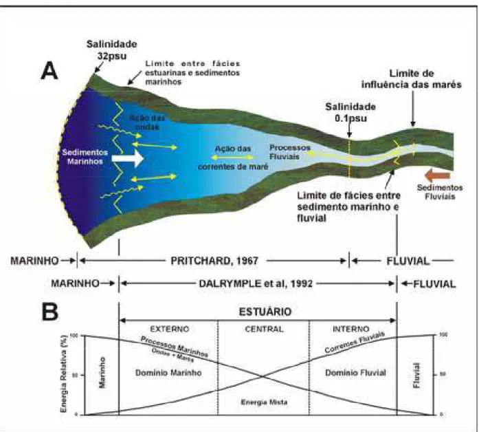 Figura 3.1 - (A) Representação esquemática das definições de estuário de acordo com Pritchard (1967) e  Dalrymple et al