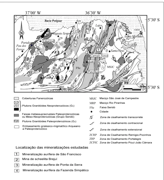 Figura 3.1 - Localização da mineralizações de scheelita e ouro estudadas na Faixa Seridó (Modificado de Jardim de 