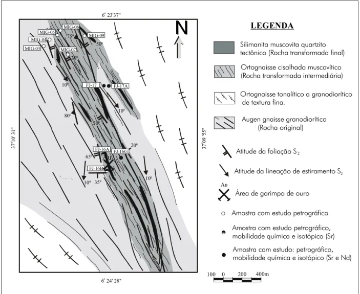 Figura 4.5 - Mapa geológico da área da mineralização da Serra do Simpático com a localização das  amostras