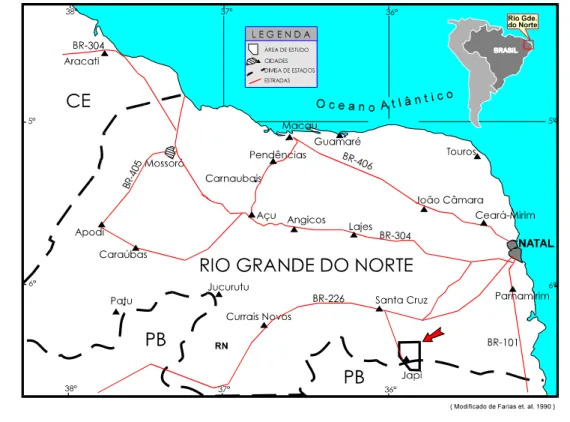Fig. 1.1 - Localização geográfica da área estudada. Em tracejado, limite do Estado do Rio Grande do 
