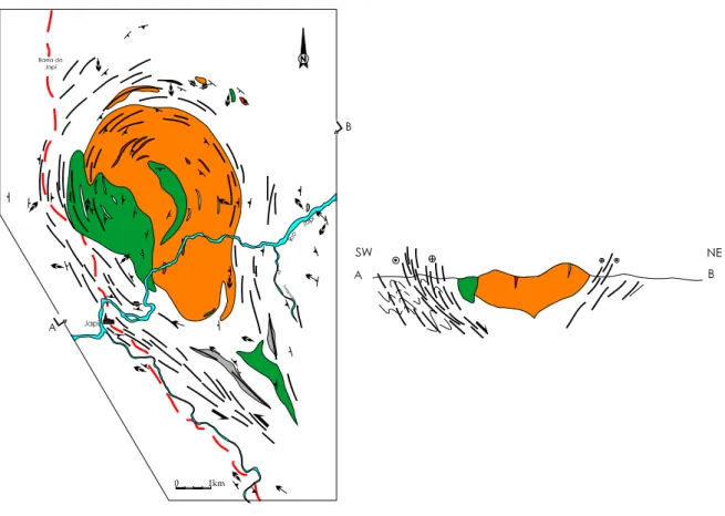 Fig. 3.1 - Esboço geológico simplificado da área em enfoque, com ênfase na cartografia das suítes 