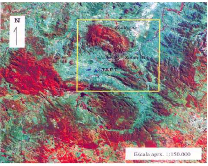 Foto 3.1 - Imagem Landsat5-TM, RBG 471. A área circunscrita destaca o plúton de Japi e sua geometria 
