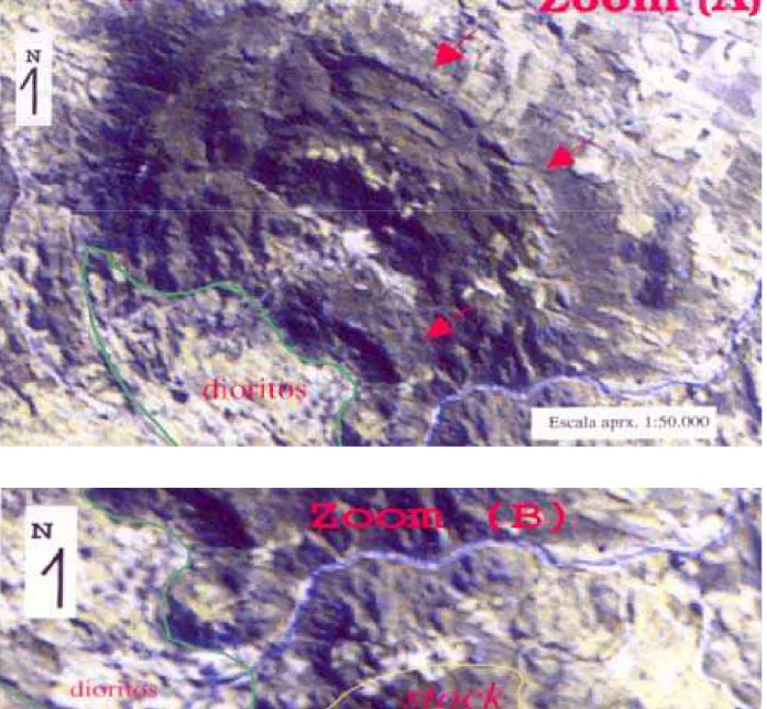 Foto 3.2 - Imagem Landsat5-TM, RBG 471. Zoom (a): detalhe da porção norte do corpo granítico alcalino