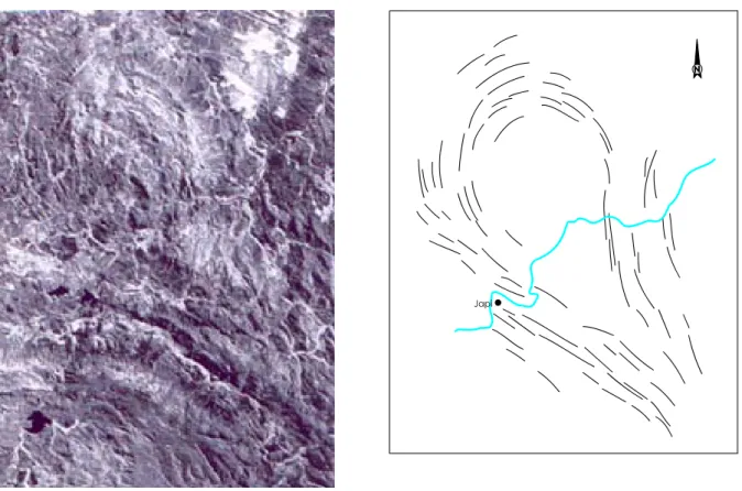 Fig. 4.2 - (a) Imagem Landsat, banda 4, com filtros direcionais de luminosidade ressaltando os grandes 
