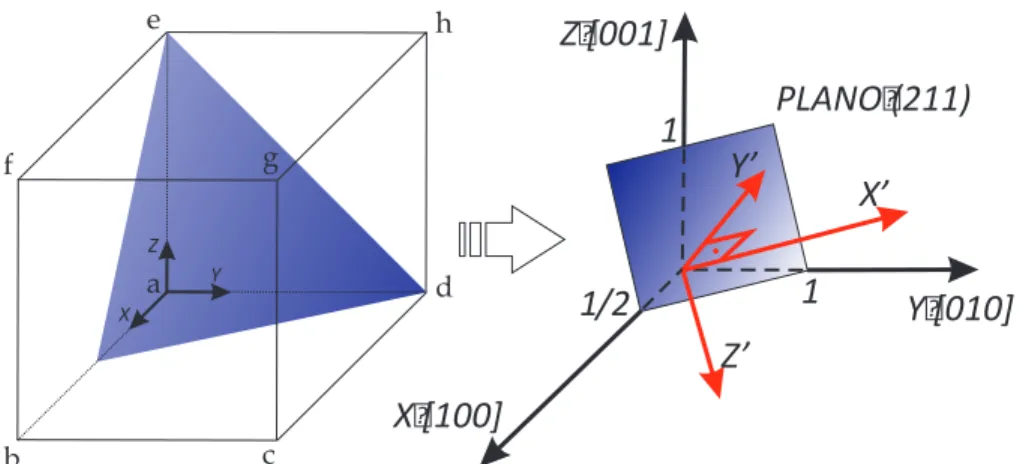 Figura 2.6: Corte do plano (211) e relação entre os sistemas de coordenadas cristalino XY Z e de cresci-