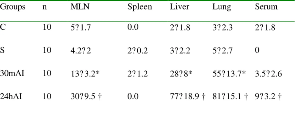 TABLE 2 - Magnitude (CFU per gram of tissue) of bacterial translocation to several organs and serum.