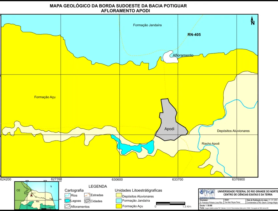 Figura 3.6 A- Mapa geológico na escala 1: 50 000, onde ressalta-se as unidades litoestratigráficas da área estudada em Apodi.