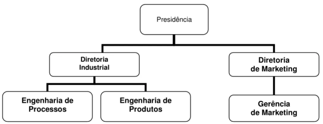 Figura 5 : Simplificação do organograma da empresa no período inicial do Caso F, ilustrando as áreas com 